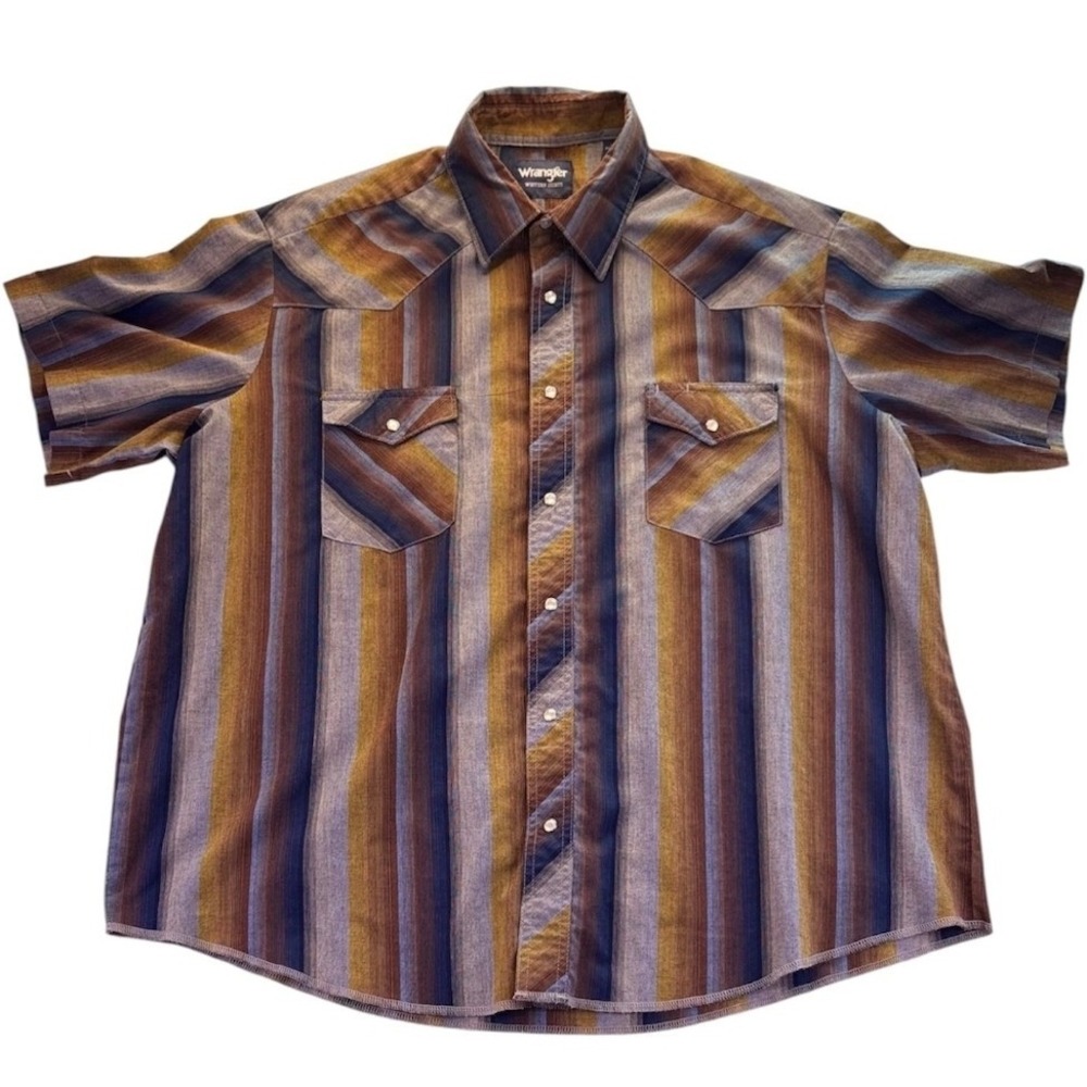 Wrangler Western Shirt Mens 1X Big Brown Blue Striped Pearl Snap Short Sleeve